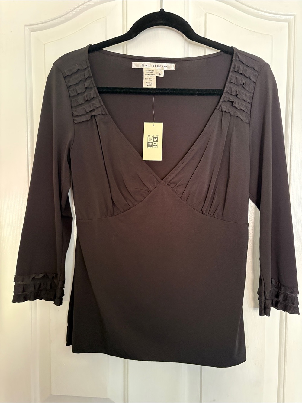 Max Studio Black V-Neck Ruffle Detail Blouse